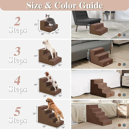 4-Step Brown Dog Stairs for Medium Dogs - Steps for Dogs to get on Bed, Non-Slip Removable Washable Cover, Friendly to Older and Injured Dogs, 18" High