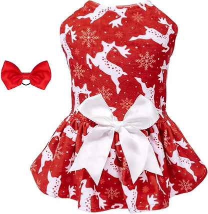 CuteBone Dog Dresses Velvet Holiday Small Dogs Clothes Onesie Pet Apparel Girl Puppy Skirt with Bow Hair Rope CVA29S