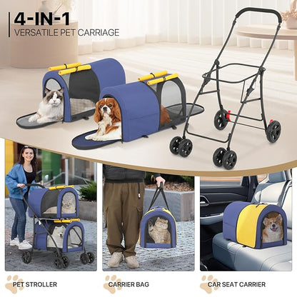 MoNiBloom Double Dog Stroller with Detachable Carrier Bags Large 4 Wheels Foldable Jogger for Small and Medium Dog Cats