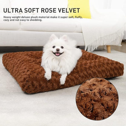 KSIIA Washable Dog Bed Deluxe Plush Dog Crate Beds Fulffy Comfy Kennel Pad Anti-Slip Pet Sleeping Mat for Large 29" x 21", Brown