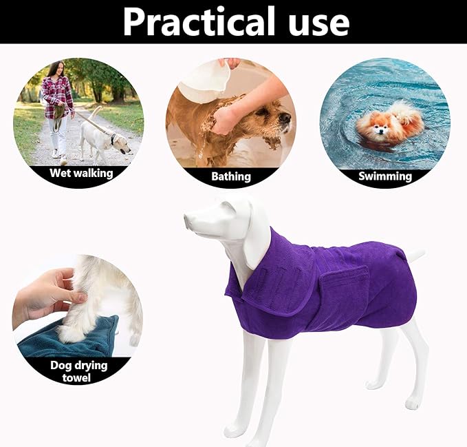 Geyecete Dog Drying Coat -Dry Fast Dog Bag - Dog Bathrobe Towel - Microfibre Fast Drying Super Absorbent Pet Dog Cat Bath Robe Towel,Luxuriously Soft-Purple-S