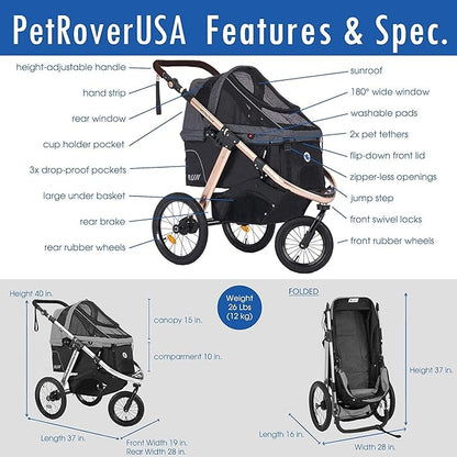 HPZ Pet Rover Run Performance Jogging Sports Stroller with Comfort Rubber Wheels/Zipper-Less Entry/1-Hand Quick Fold/Aluminum Frame for Small/Medium Dogs