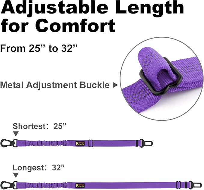 Plutus Pet Dog Seat Belt for Car, Adjustable Dog Car Harness with Carabiner Clip, Reflective Safety Dog Seatbelt Leash with Elastic Bungee, Purple