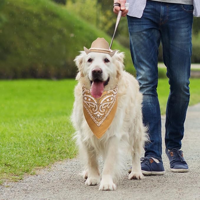 Cowboy Hat with Bandana Scarf Dog Halloween Costumes Cowboy Costume Set for Dogs Cat Party Accessories (Khaki)