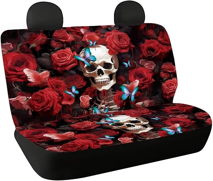AFPANQZ Red Rose Skull Car Rear Seat Cover Non-Slip Stretch Universal Fit