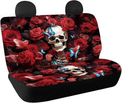 AFPANQZ Red Rose Skull Car Rear Seat Cover Non-Slip Stretch Universal Fit