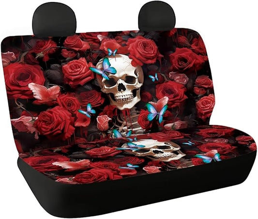 AFPANQZ Red Rose Skull Car Rear Seat Cover Non-Slip Stretch Universal Fit