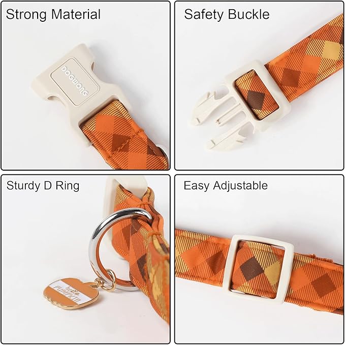DOGWONG Fall Orange Plaid Dog Collar- Cute Designer