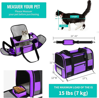 Cat Carrier Dog Carrier Pet Carrier Airline Approved for Small Dogs Medium Cats Puppies Under 15 Lbs, Collapsible Soft Sided Dog Travel Carriers for Puppy and Kitten, Purple