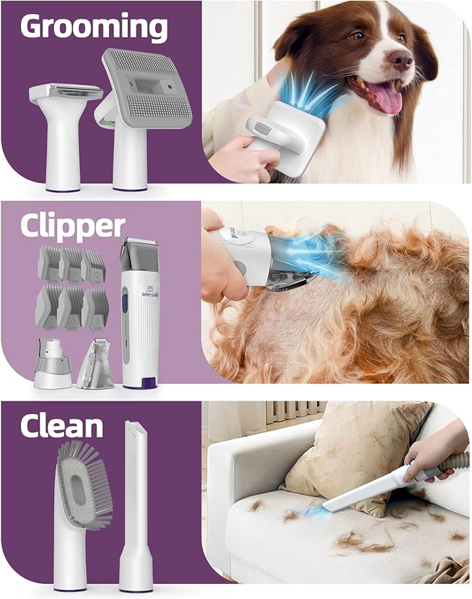 oneisall Dog Hair Vacuum & Dog Grooming Kit, Pet Grooming Vacuum with Pet Clipper Nail Grinder, 1.5L Dust Cup Dog Brush Vacuum with 7 Pet Grooming Tools for Shedding Pet Hair, Home Cleaning