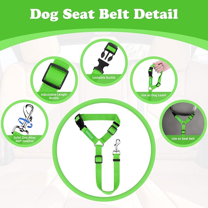 BWOGUE 2 Packs Dog Cat Safety Seat Belt Strap Car Headrest Restraint Adjustable Nylon Fabric Dog Restraints Vehicle Seatbelts Harness Green