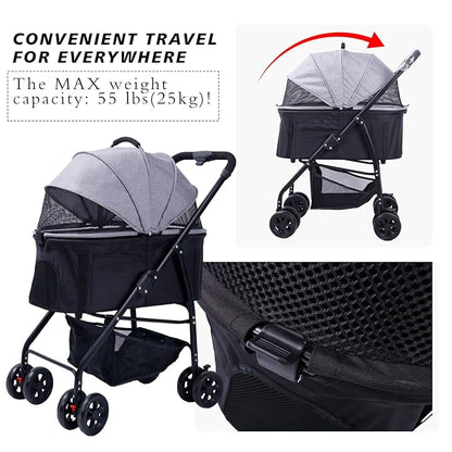 Dog Cat Pet Gear Stroller 3-in-1 Folding Lightweight for Small Medium Dog Cat with Detachable Carrier 4 Wheels