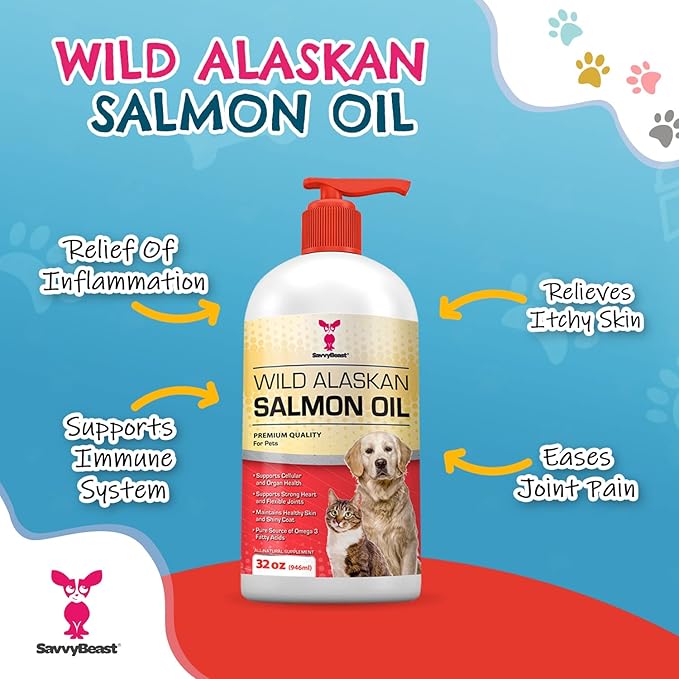 Pure Wild Alaskan Salmon Oil for Dogs, Cats, Ferrets - 32 oz Liquid Omega 3 Fish Oil, Pump on Food - Unscented All Natural Supplement for Skin and Coat, Joints, Heart, Brain, Allergy, Weight, Immune