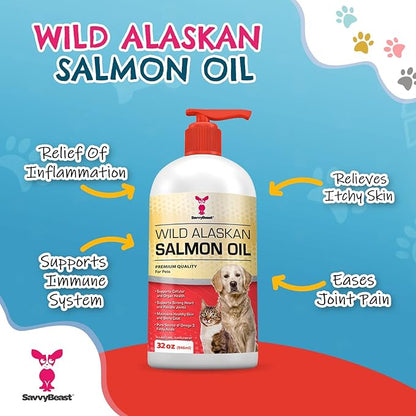 Pure Wild Alaskan Salmon Oil for Dogs, Cats, Ferrets - 32 oz Liquid Omega 3 Fish Oil, Pump on Food - Unscented All Natural Supplement for Skin and Coat, Joints, Heart, Brain, Allergy, Weight, Immune