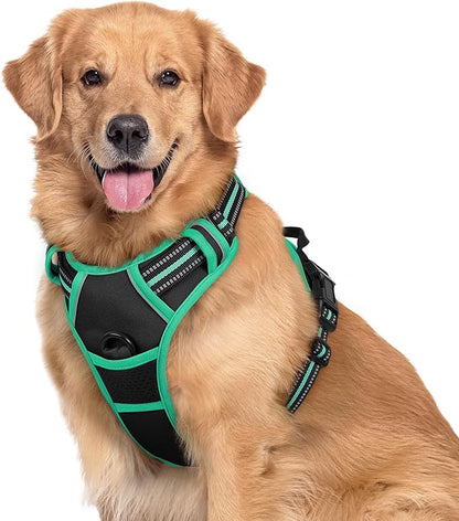 rabbitgoo Dog Harness, No-Pull Pet Harness with 2 Leash Clips, Adjustable Soft Padded Dog Vest, Reflective No-Choke Pet Oxford Vest with Easy Control Handle for Large Dogs, Black & Turquoise, XL