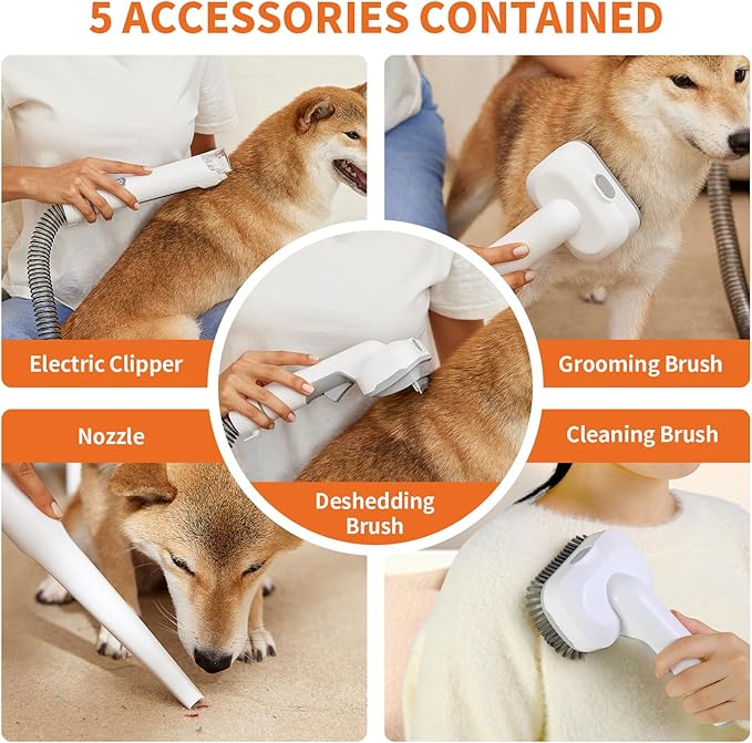 Dog Grooming Kit, Dog Grooming Clippers, Pet Grooming Vacuum with 5 Pet Grooming Tools for Shedding Pet Hair, 11000Pa Suction, 2L Capacity, Low Noise Pet Hair Vacuum Groomer for Dog Cleaning