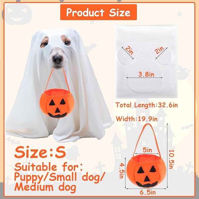 Mity rain Dog Halloween Costumes - Dog Ghost Costume with Felt Pumpkin Trick or Treat Bucket, Small Dog Halloween Costumes (28Pounds), Funny and Cute Dog Costumes Clothes for Halloween Cosplay Party