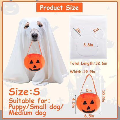 Mity rain Dog Halloween Costumes - Dog Ghost Costume with Felt Pumpkin Trick or Treat Bucket, Small Dog Halloween Costumes (28Pounds), Funny and Cute Dog Costumes Clothes for Halloween Cosplay Party