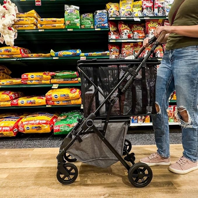 Pet Stroller & Personal Folding Shopping Cart On Premium Wheels – Lightweight Aluminum Frame – Removable Bassinet