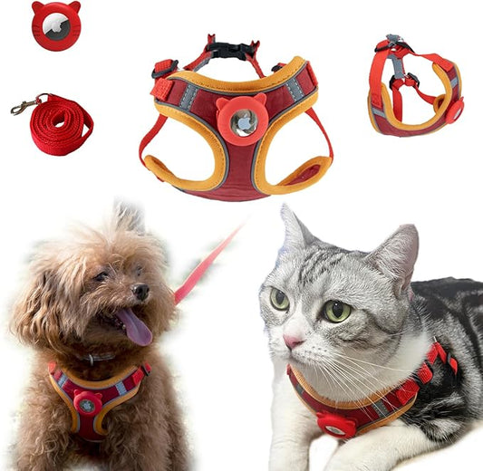 Cat Harness and Leash for Walking, Airtag Cat Harness and Leash Set with Airtag Holder for Small Large Cats, Puppies, Soft Nylon Adjustable Cute-Escape Proof Reflective Cat Harness (Red, Medium)