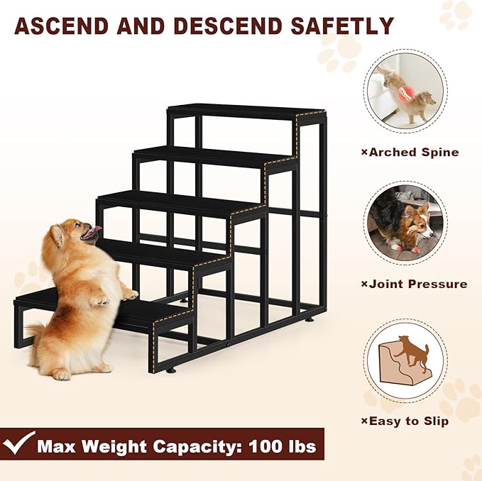 Dog Stairs for High Beds 5 Tier Dog Steps Black Pet Steps Stairs Ramps with Non-Slip Stair Tread for Puppy