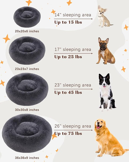 KSIIA Calming Dog Bed Anti-Anxiety Round Donut Dog Beds Large Sized Dog Cat Beds for Indoor Cats Fluffy Comfort Large Dog Bed with Ultra-Soft Plush Washable Dog Bed with Non-Skid Bottom 36", Gray
