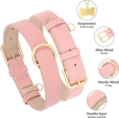 Didog Soft Padded Leather Dog Collar, Adjustable Pink Dog Collar for Large Dogs, Heavy Duty Dog Largr Collar Leather with Metal Buckle and D Ring,Pink,XL