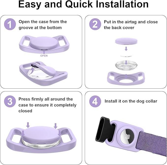 SANKALA Waterproof Airtag Case for Dog Collar, [2 Pack] Airtag Dog Collar Holder, TPU & Silicone Full Body Covered Anti-Lost Apple Air Tag Collar Holder Airtag Case for Pet Collar Backpack, Purple