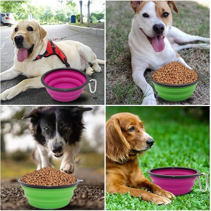 Dog Bowl Pet Collapsible Bowls, 2 Pack Collapsible Dog Water Bowls for Cats Dogs, Portable Pet Feeding Watering Dish for Walking Parking Traveling with 2 Carabiners (Large, Green+Purple)