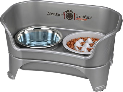 Neater Feeder - Express Model w/Niner 9 Peak Slow Feed Bowl - Mess-Proof Dog Bowls (M/L, Grey) - Made in USA – Elevated, No Spill, Non-Tip, Non-Slip, Raised Food/Water Pet Bowls Aid Digestion