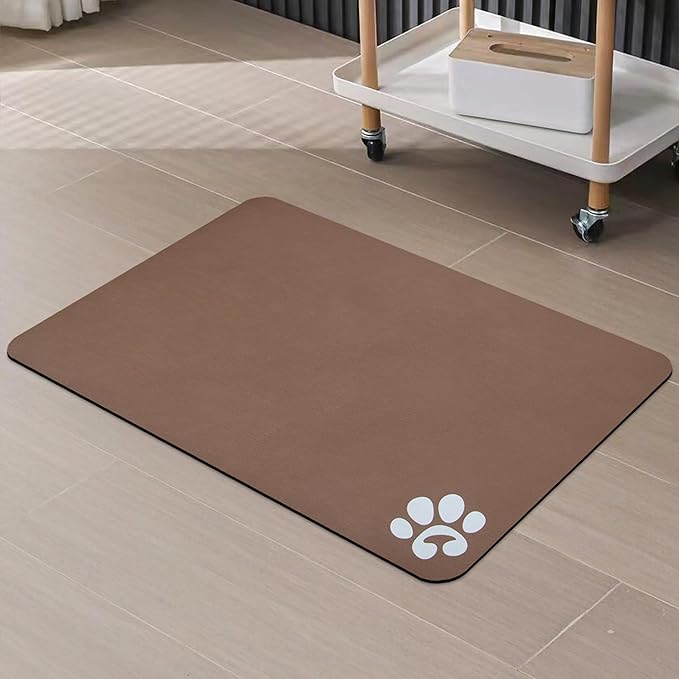 YCT Pet Cat Food Mats for Dog Food Mat, Cat Mat for Food, Pet Dog Cat Feeding Mat Eating Mat Pet Dog Cat Bowl Mats, Non-Slip Super Absorbent, with Footprints Logo，24 x 16.9 inches, Brown