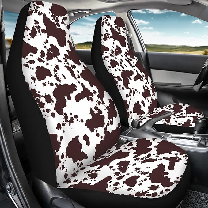 Brown Cow Print Auto Car Seat Cover Front Seats Only Van,2PCs Set