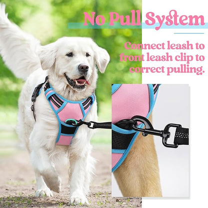 rabbitgoo Dog Harness, No-Pull Pet Harness with 2 Leash Clips, Adjustable Soft Padded Dog Vest, Reflective No-Choke Pet Oxford Vest with Easy Control Handle for Large Dogs, Pink & Blue, S