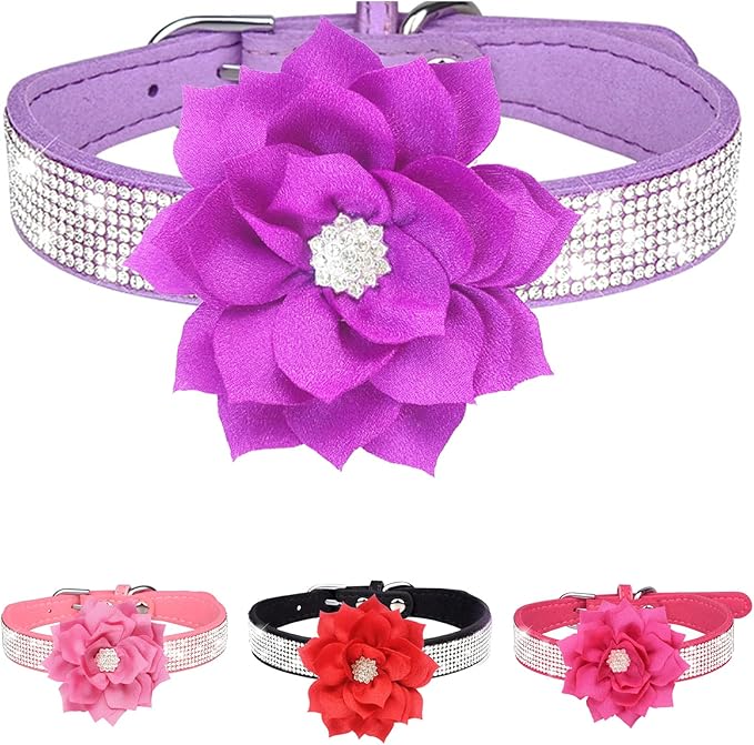 Rhinestone Dog Collar for Small Medium Dogs Purple Medium Dog Collar for Girl Female Dogs Flower Puppy Collar for Summer Spring Wedding Puppy Necklace Girl Dog Collar (Purple
