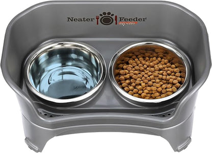 Neater Feeder - Express Model - Mess-Proof Dog Bowls (Medium/Large, Gunmetal Grey) – Made in USA – Elevated, No Spill, Non-Tip, Non-Slip, Raised Stainless Steel Food & Water Pet Bowls