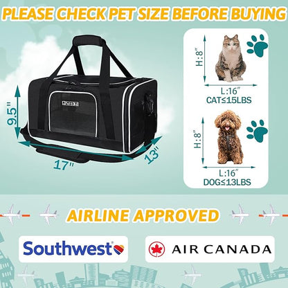 Petskd Pet Carrier 17x13x9.5 Southwest Airline Approved, Pet Travel Carrier Bag for Small Cats and Dogs, Soft Dog Carrier for 1-15 LBS Pets,Dog Cat Carrier with Safety Lock Zipper (Black)