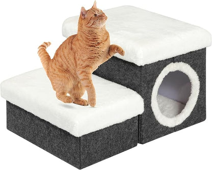 B FSOBEIIALEO Cat House Pet Stairs for Beds Sofa, Foldable Dog Stairs/Steps 2-Tier Pet Steps with Storage Toy Box, Small Cat house for indoor house Pet Steps Grey 15.7x12.6x12.6 inches