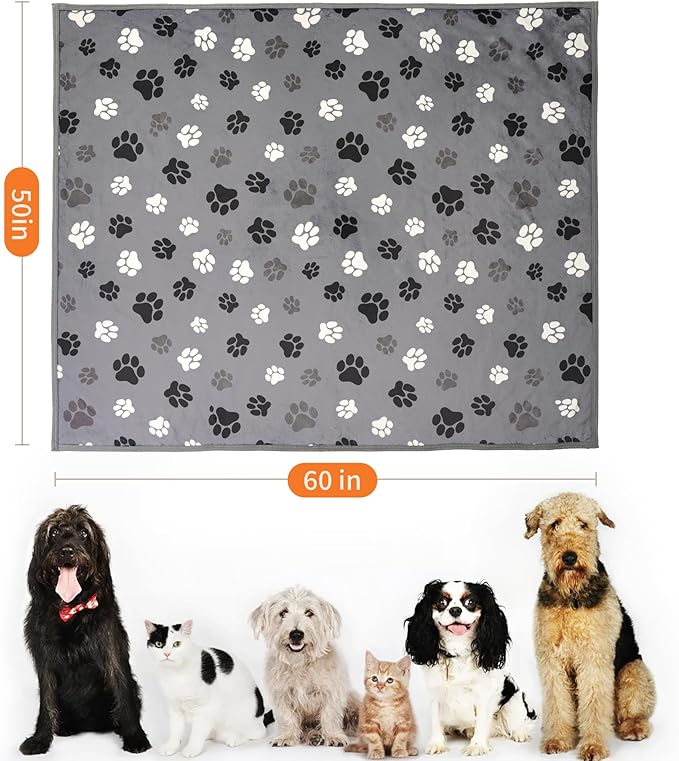 Waterproof Dog Blankets Pet Blanket 50"x60", Soft Fluffy Sofa Car Bed Protector, Reversible Sherpa Fleece Dog Blanket for Large Dogs (Dark Grey-Paws)