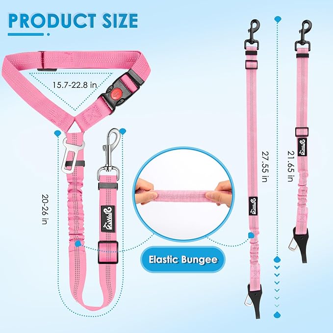 Lukovee Dog Seatbelt Leash for Cars, 2 Pack Pet Safety Car Seat Belt with Adjustable Buckle & Reflective Bungee, Connect Dog Harness in Vehicle Car Dogs Restraint Travel Daily Use (Pink)