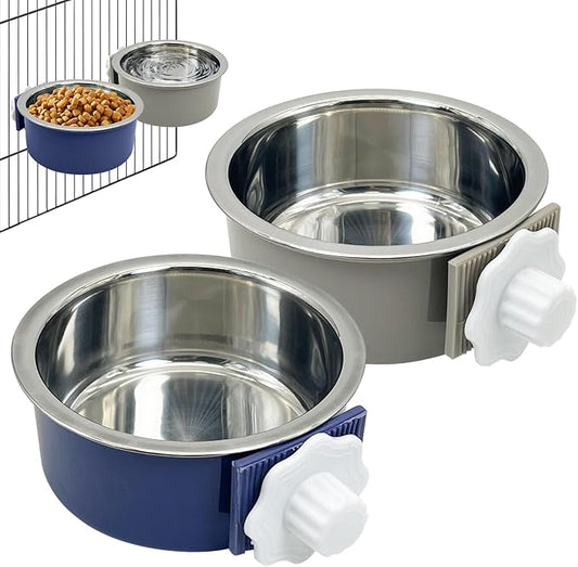 Tfwadmx 2 Pcs Crate Dog Bowl Cat Removable Stainless Steel Food and Water Feeder Hanging Cage Bowls Coop Cup with Cleaning Set for Pet Puppy Bird Rat Guinea Pig Bunny Rabbit (Dark Blue, Gray)