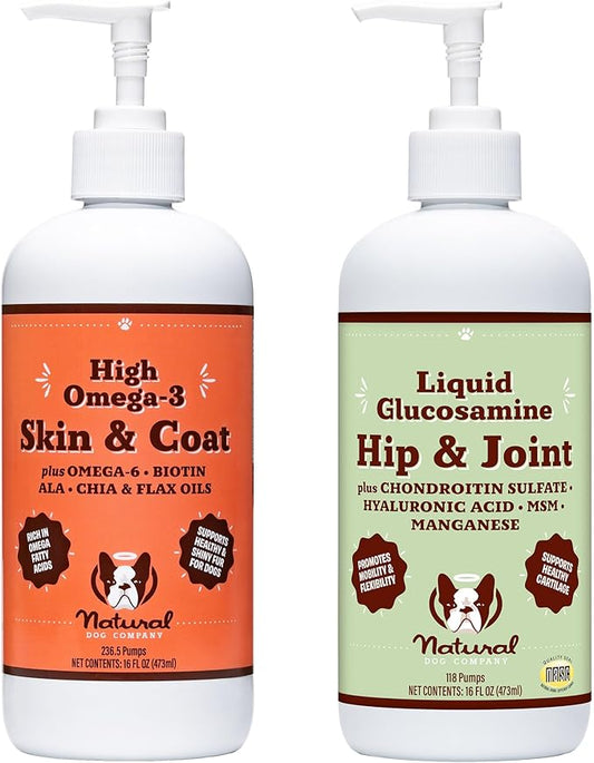 Healthy Joints, Skin and Coat Bundle for Dogs, Includes (1) 16 oz Bottle Natural Dog Company Skin and Coat Oil, (1) 16 oz Bottle Liquid Glucosamine, Food Topper, Dog's Fish Oil Supplement