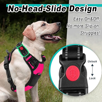 BARKBAY Dog Harness No Pull 3 Buckles for Large Dogs - Adjustable, Reflective, Comfortable, No Choke, Heavy-Duty - Perfect for Outdoor Training, Walking, and Hiking - Strong & Durable - L & Pink