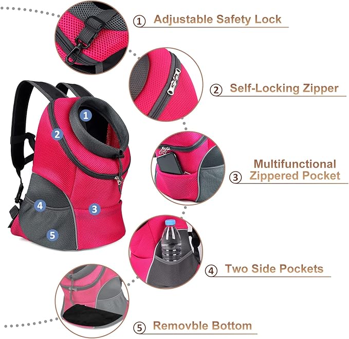 YUDODO Pet Dog Backpack Carrier Small Dog Front Carrier Pack Reflective Head Out Motorcycle Puppy Carrying Bag Backpack for Small Medium Dogs Cats Rabbits Outdoor Travel Hiking Cycling (L,Pink)