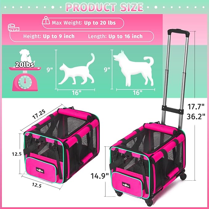 Airline Approved Pet Carrier with Wheels, Foldable Rolling Cat Dog Carrier with Wheels Telescopic Handle for Outdoor Vet Visits, Cat Carrier Travel Bag for Cat Dog Under 20 lbs, Pink