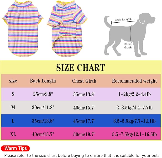 Small Medium Dog Clothes Rainbow Striped Dog Shirts Stretchable Long Sleeve Cat T-Shirt Pet Outfits for Chihuahua Yorkie Teddy (Yellow Edge