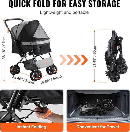 VEVOR Dog Stroller for Medium Small Dogs Cats Up to 44lbs 4 Wheel