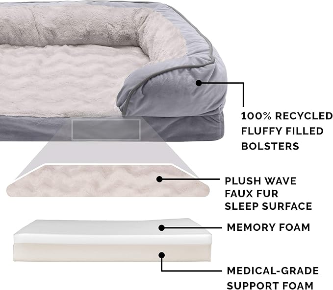 Furhaven Memory Foam Dog Bed for Large Dogs w/ Removable Bolsters & Washable Cover 95 lbs 40.0"L x 32.0"W x 9.5"Th