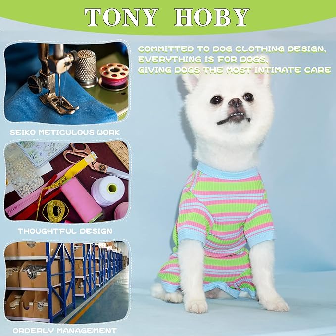 TONY HOBY Dog Pajamas, 4 Legged Dog Pajamas with Blue Stripe, Female Dog Jumpsuit Pajamas for Small Medium Size Dog (Green&Blue, Girl, L)