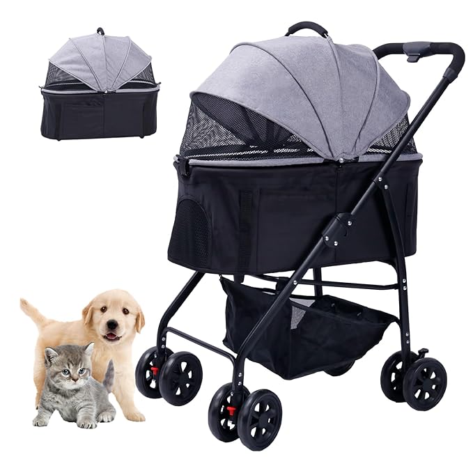 Dog Cat Pet Gear Stroller 3-in-1 Folding Lightweight for Small Medium Dog Cat with Detachable Carrier 4 Wheels