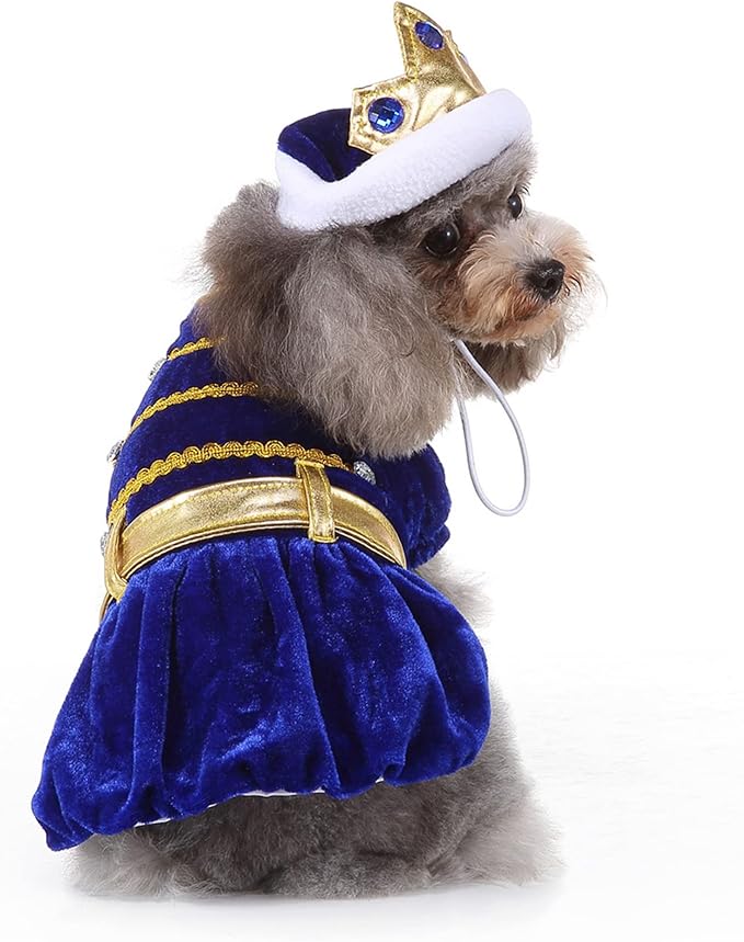 Yoption Dog Cat Prince Costumes with Crown Hat, Pet Halloween Christmas Velvet Cosplay Dress Funny Outfits Clothes for Puppy Dogs Cat (L)